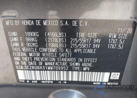 2021 Honda Hr-V Awd Lx from USA, damaged, VIN 3CZRU6H31MM709952